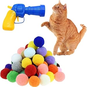 Cat Toy Launcher Gun – 30pc Pom Pom Ball Cat Toys with Soft Shooting Blaster | Best Cat Shooting Gun Toy for Indoor Cats & Kittens