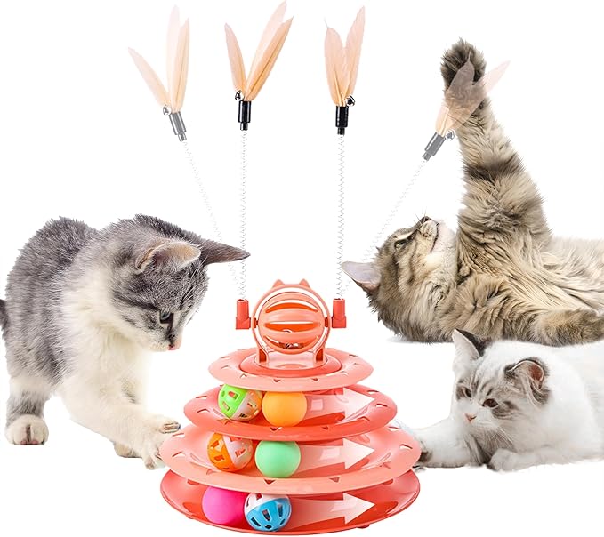 Cat Toy Ball Tower with Teasing Stick + Slow Feeder Bowl — 3-in-1 Best Interactive Cat Toy for Indoor Cats & Kittens