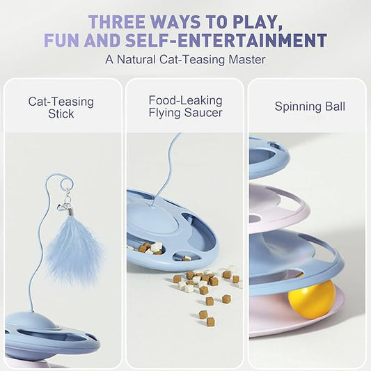 Cat Toy Ball Tower with Teasing Stick + Slow Feeder Bowl — 3-in-1 Best Interactive Cat Toy for Indoor Cats & Kittens