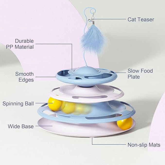Cat Toy Ball Tower with Teasing Stick + Slow Feeder Bowl — 3-in-1 Best Interactive Cat Toy for Indoor Cats & Kittens