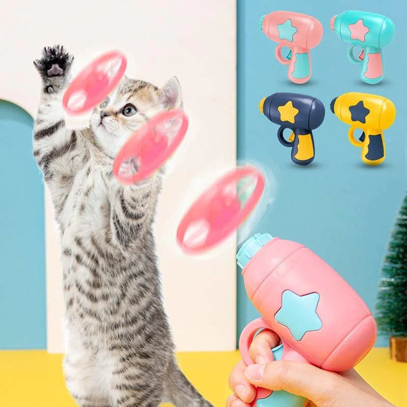 Flying Propeller Gun Cat Toy – 30ft Zoom-Chase Launcher with 16 Disks & 4 Guns | Best Interactive Cat Toy for Indoor Cats