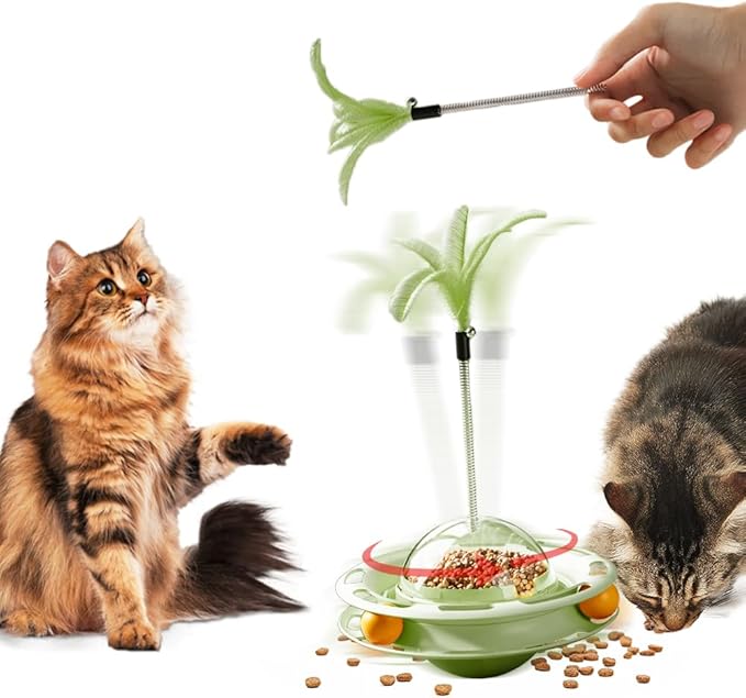 Cat Toy Ball Tower with Teasing Stick + Slow Feeder Bowl  — 3-in-1 Best Interactive Cat Toy for Indoor Cats & Kittens