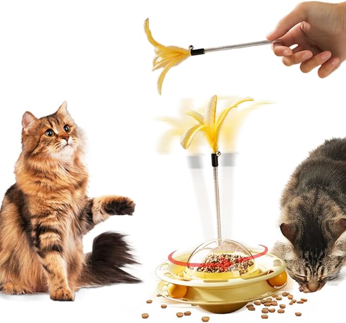 Cat Toy Ball Tower with Teasing Stick + Slow Feeder Bowl  — 3-in-1 Best Interactive Cat Toy for Indoor Cats & Kittens
