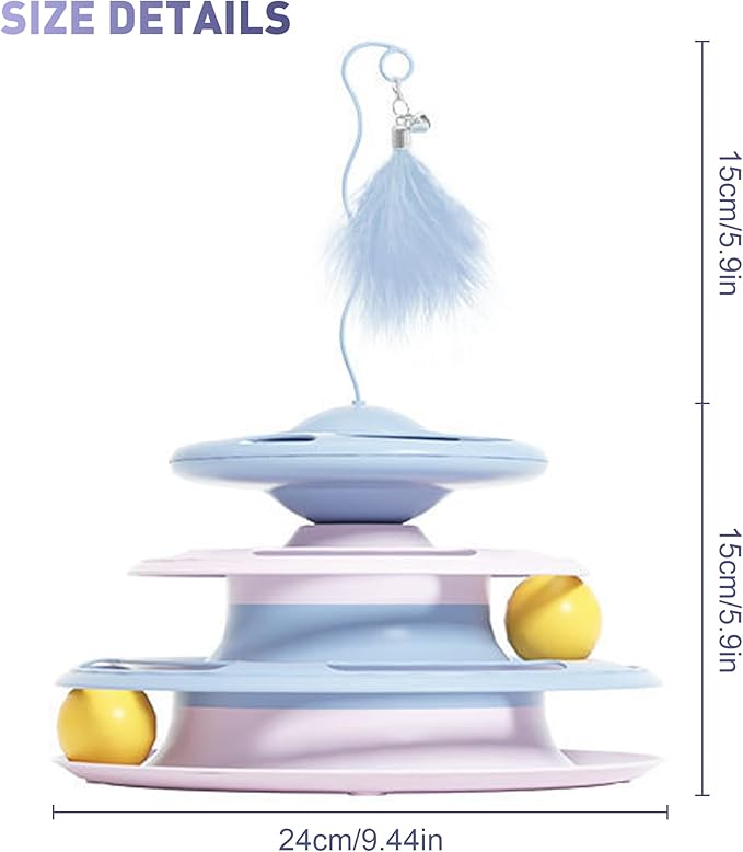 Cat Toy Ball Tower with Teasing Stick + Slow Feeder Bowl  — 3-in-1 Best Interactive Cat Toy for Indoor Cats & Kittens