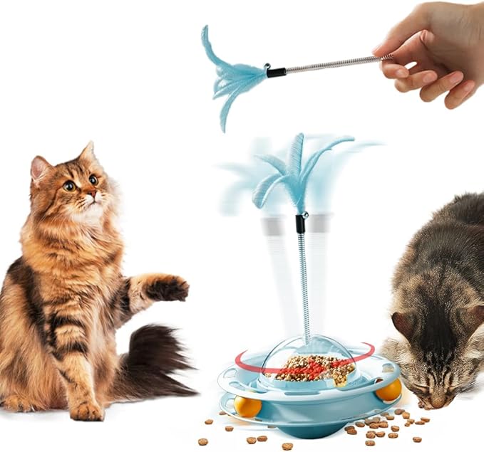 Cat Toy Ball Tower with Teasing Stick + Slow Feeder Bowl  — 3-in-1 Best Interactive Cat Toy for Indoor Cats & Kittens