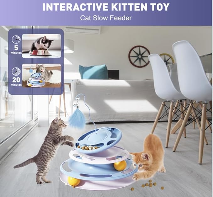 Cat Toy Ball Tower with Teasing Stick + Slow Feeder Bowl  — 3-in-1 Best Interactive Cat Toy for Indoor Cats & Kittens