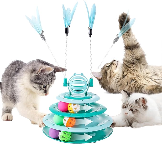 Cat Toy Ball Tower with Teasing Stick + Slow Feeder Bowl  — 3-in-1 Best Interactive Cat Toy for Indoor Cats & Kittens