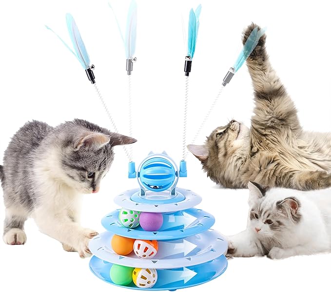 Cat Toy Ball Tower with Teasing Stick + Slow Feeder Bowl  — 3-in-1 Best Interactive Cat Toy for Indoor Cats & Kittens