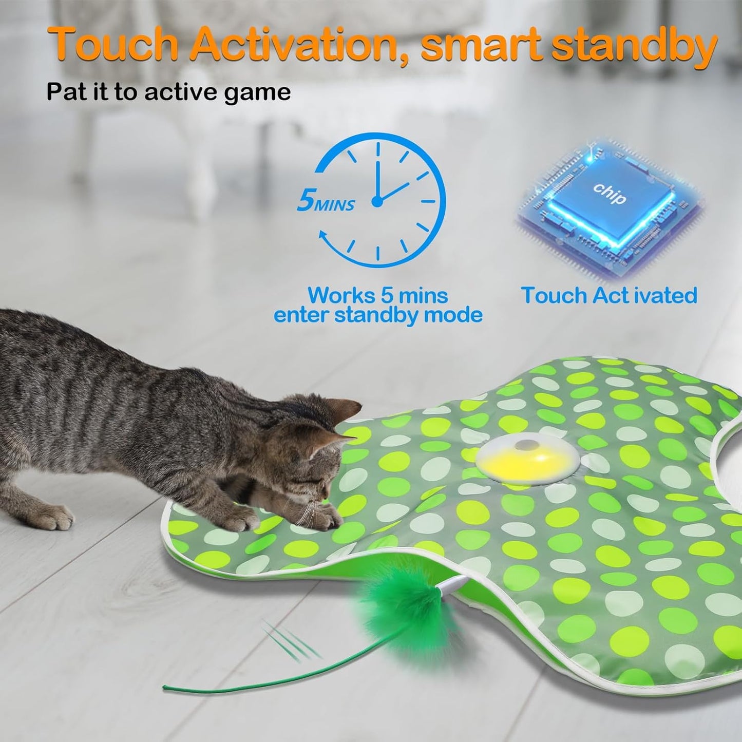 Automatic Feather Cat Toy – Touch-Activated USB Cat Toy with 3 Play Modes & Extra Feather Wand | Best Interactive Cat Toy for Indoor Cats