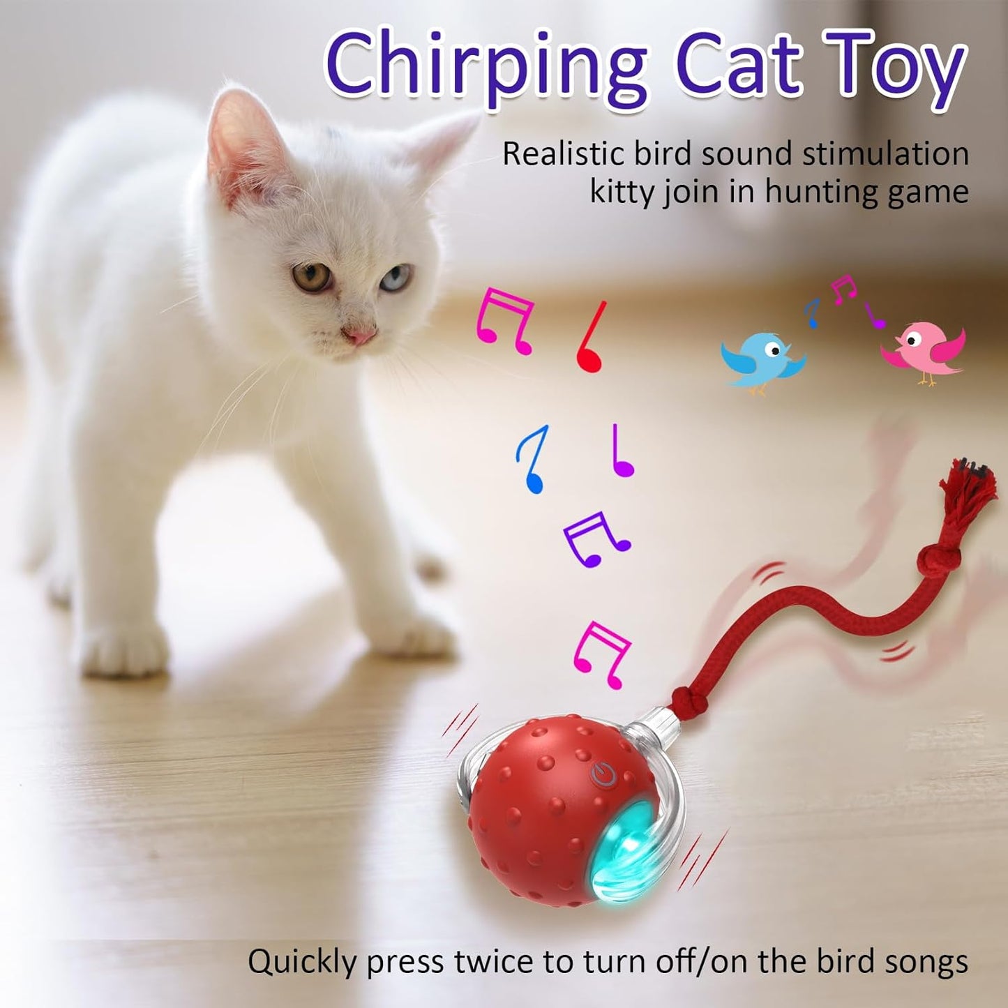 Rolling & Chirping Cat Toy – Motion Activated Ball That Zooms, Chirps & Dodges Furniture on Carpet, Rugs & Tile