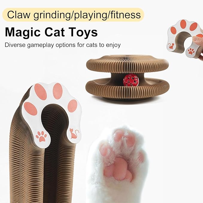 Foldable Accordion Cat Tunnel Toy – 2pc Scratch Pad with Ball Track & Magnetic Ends | Best Cardboard Cat Toy for Indoor Cats & Kittens