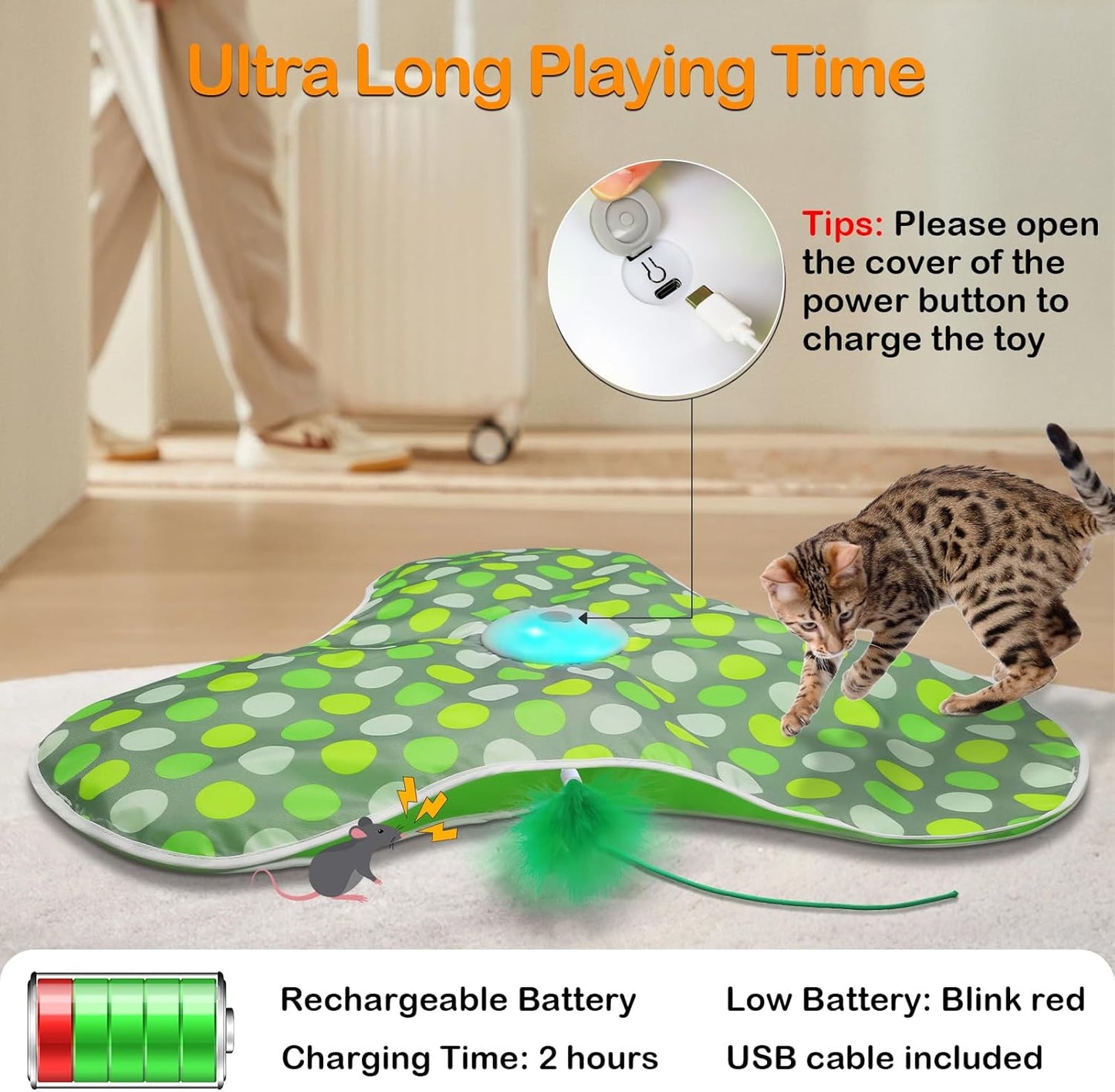 Automatic Feather Cat Toy – Touch-Activated USB Cat Toy with 3 Play Modes & Extra Feather Wand | Best Interactive Cat Toy for Indoor Cats
