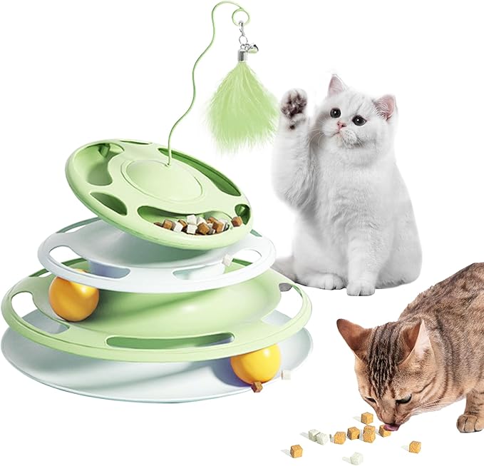Cat Toy Ball Tower with Teasing Stick + Slow Feeder Bowl  — 3-in-1 Best Interactive Cat Toy for Indoor Cats & Kittens