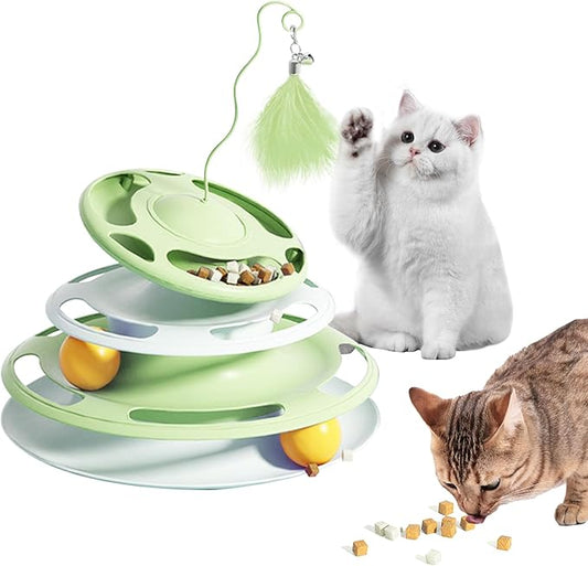 Cat Toy Ball Tower with Teasing Stick + Slow Feeder Bowl  — 3-in-1 Best Interactive Cat Toy for Indoor Cats & Kittens