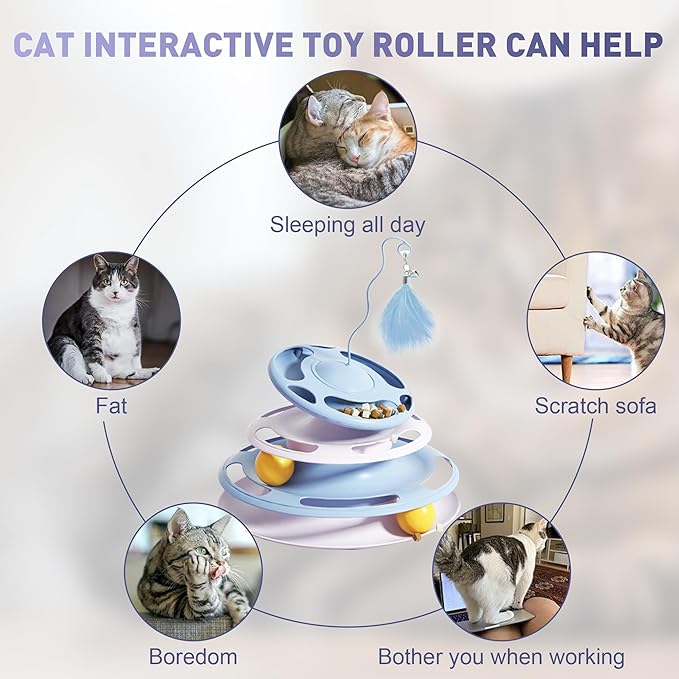 Cat Toy Ball Tower with Teasing Stick + Slow Feeder Bowl  — 3-in-1 Best Interactive Cat Toy for Indoor Cats & Kittens